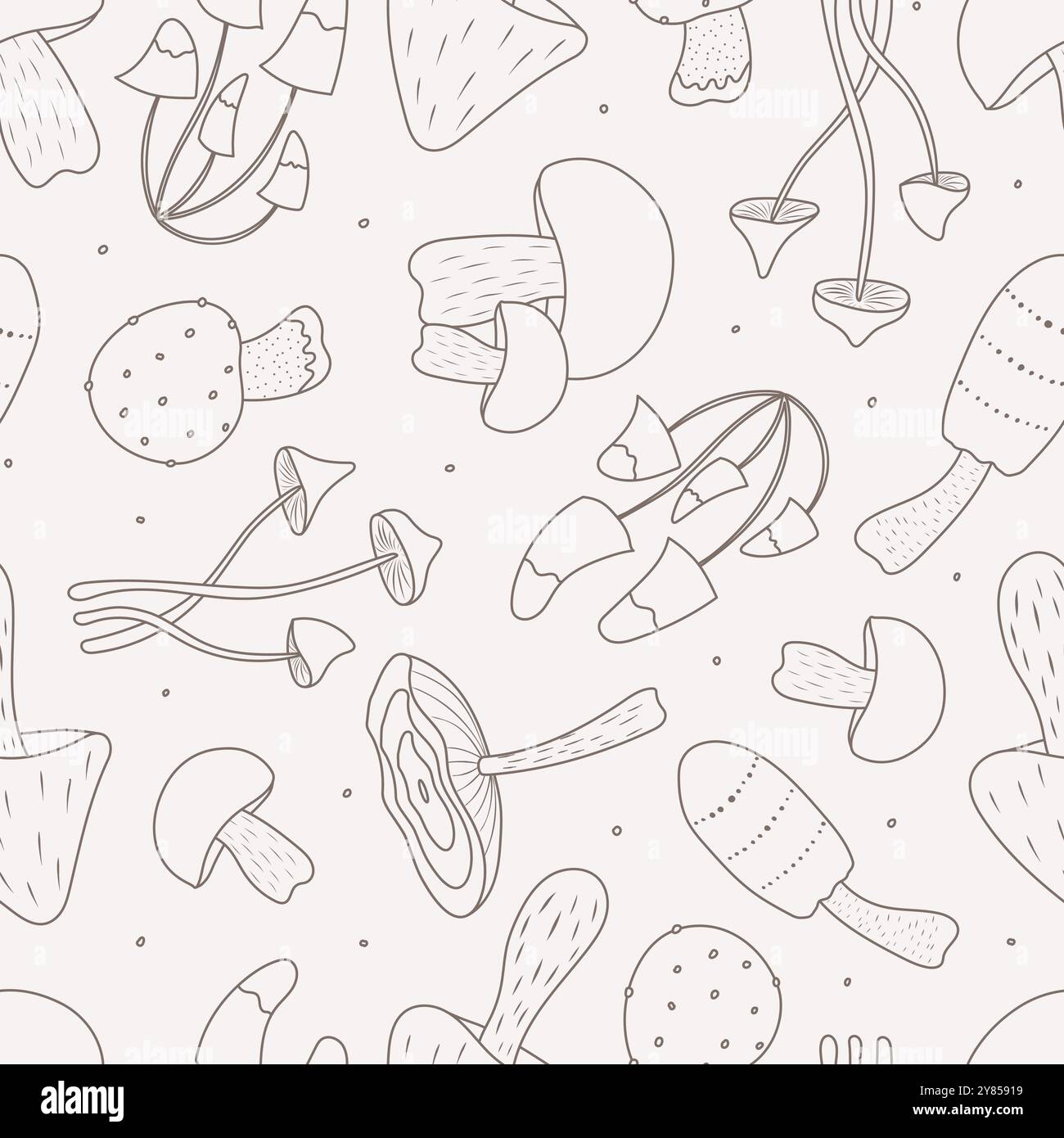 Pattern vettoriale senza cuciture con contorni di funghi selvatici. Stampa in tessuto disegnata a mano per tessuti. Illustrazione vettoriale Illustrazione Vettoriale