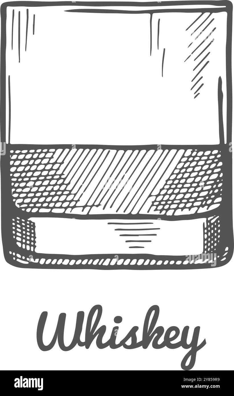 Incisione al bicchiere di whisky. Illustrazione del menu bevande del bar Illustrazione Vettoriale