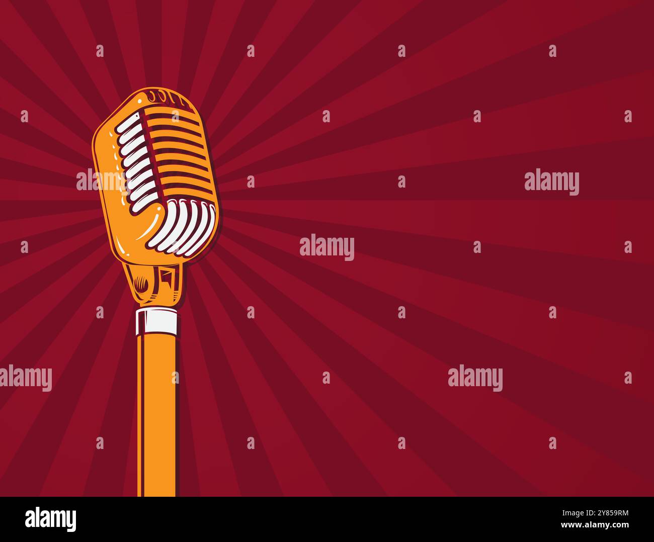 Microfono dorato su sfondo a strisce rosse. Modello banner Illustrazione Vettoriale