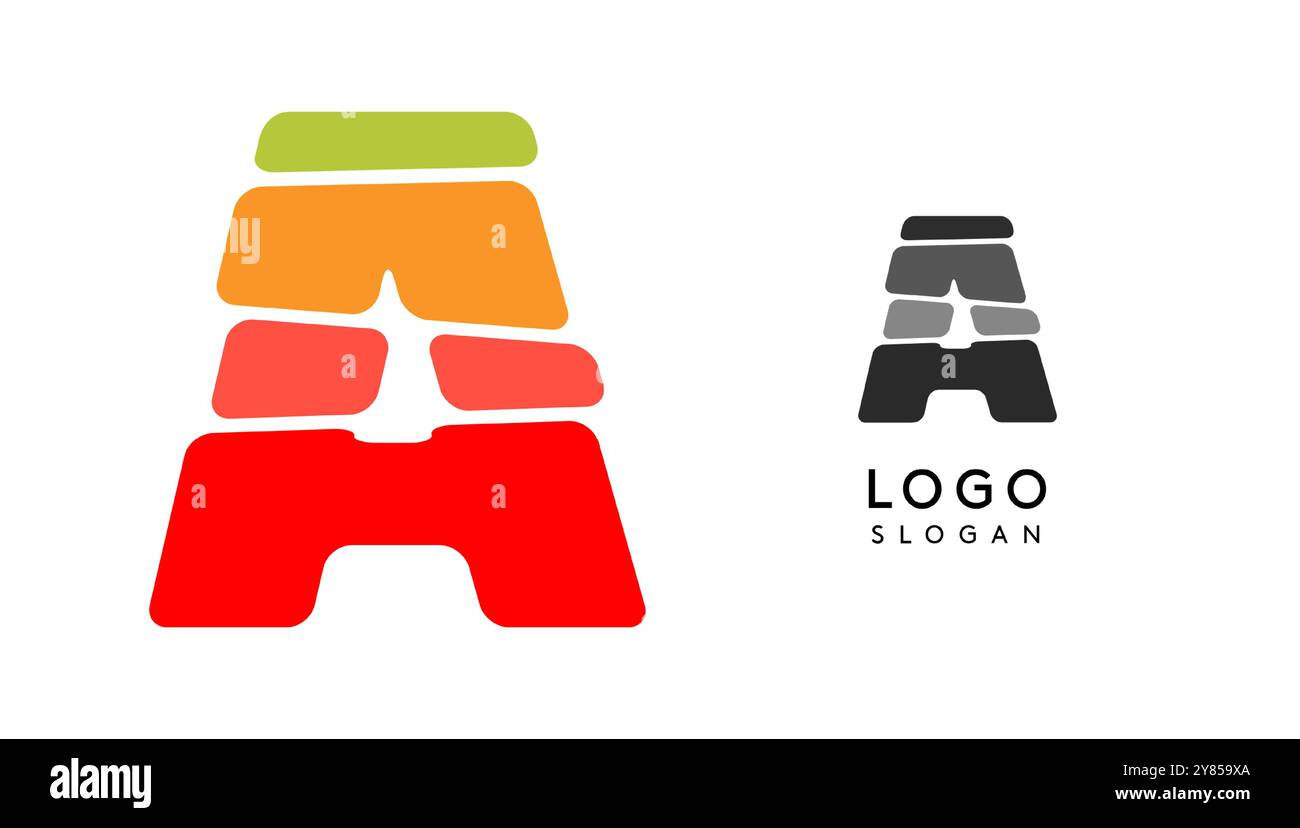 La lettera A, colorata e luminosa, crea blocchi a strati come sandwich, bilanciamento della pietra o impilamento di rocce. Moderno monogramma a cartoni animati per un libro gioioso per bambini, logo divertente. Vettore Illustrazione Vettoriale