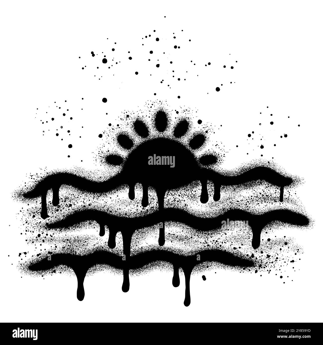 Tramonto sui graffiti della spiaggia con vernice spray nera. illustrazione vettoriale. Illustrazione Vettoriale