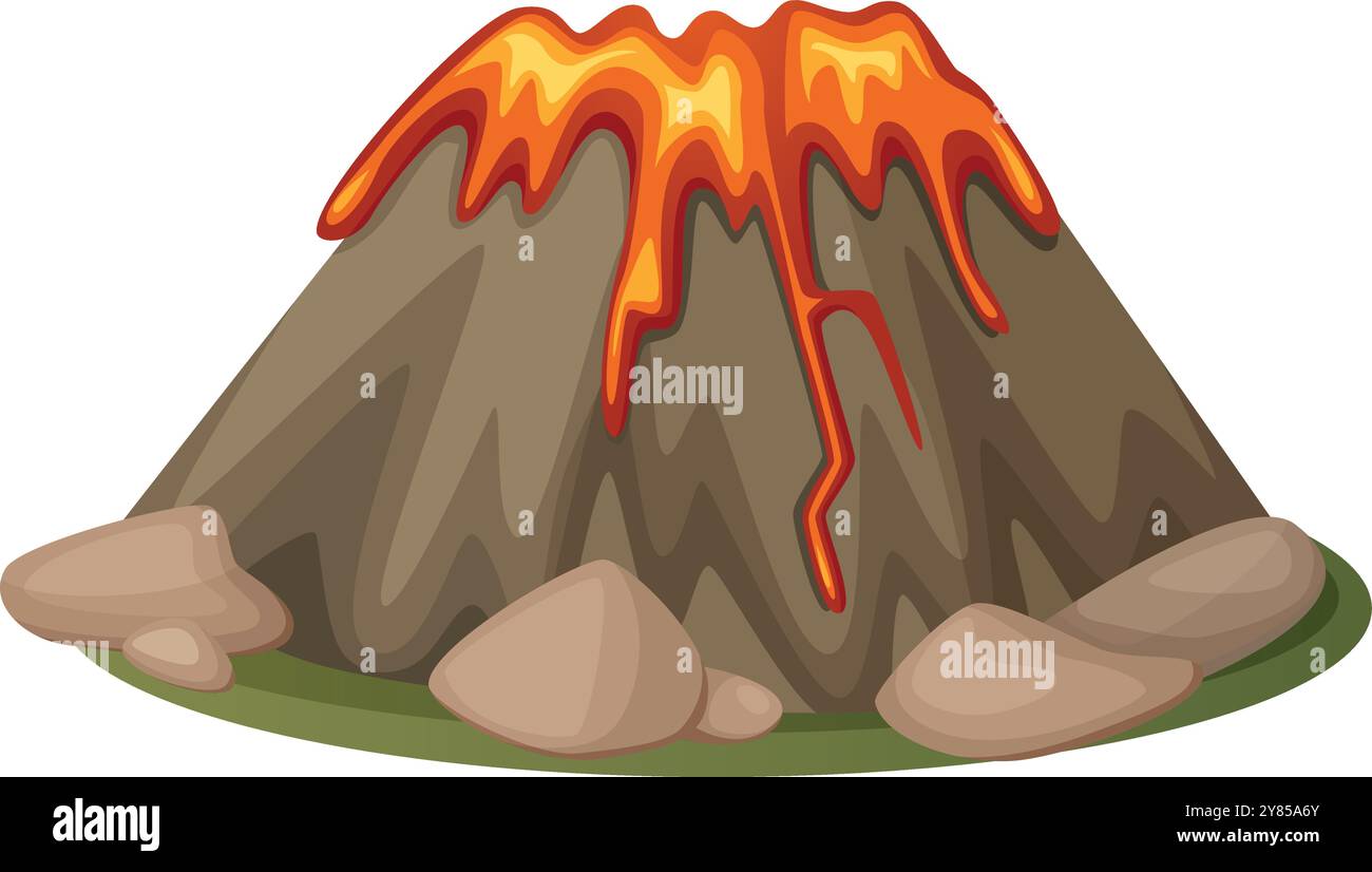 Icona cartoni animati del cratere antincendio. Eruzione di montagna con lava calda Illustrazione Vettoriale