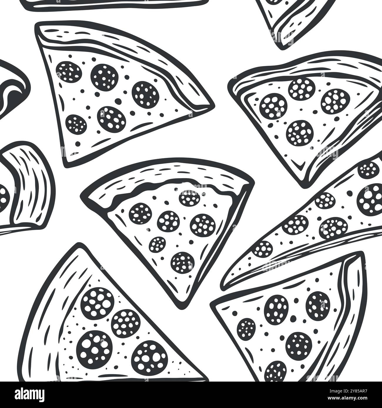 Motivo a fette Art Pizza con linee bianche e nere senza cuciture. Design Pizzeria monocromatico per sfondi e decorazioni Pizzeria, perfetto per i modelli di menu e. Illustrazione Vettoriale