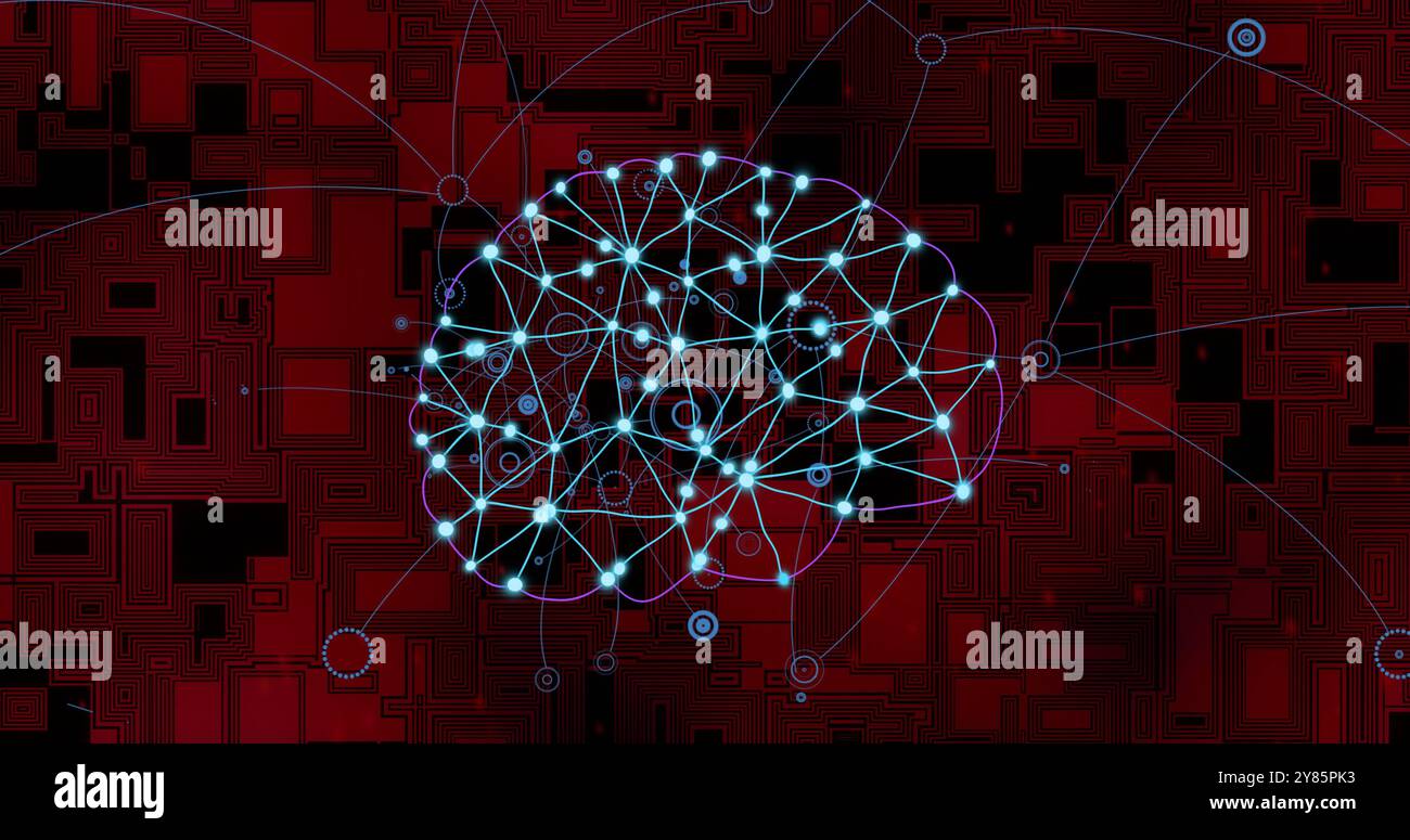 Connessioni di rete neurali e immagine di elaborazione dati su sfondo geometrico rosso Foto Stock