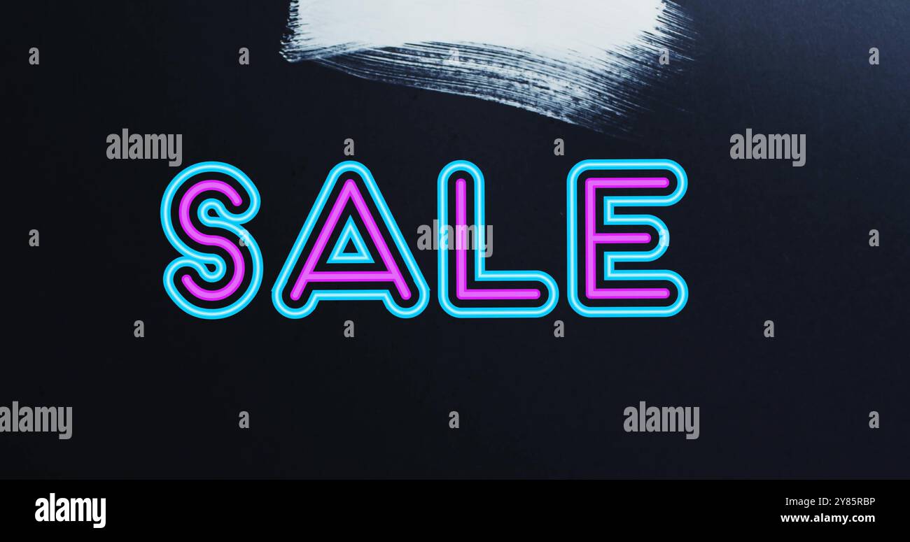 Immagine del testo di vendita in rosa e blu su bianco pennellate sul nero Foto Stock