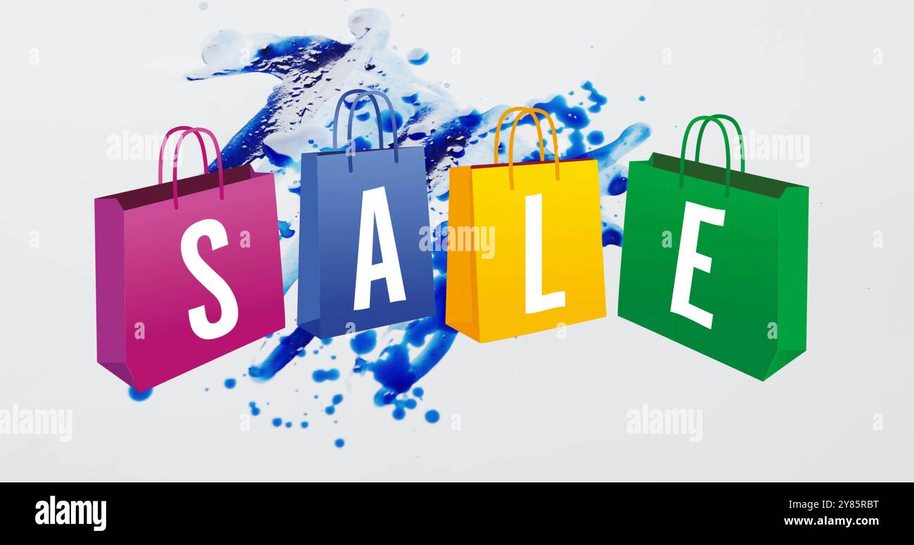 Immagine del testo di vendita in lettere singole sulle borse della spesa colorate su spruzzi di vernice blu Foto Stock