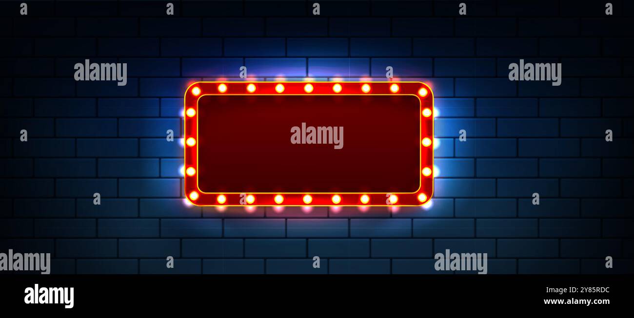 Segnale luminoso al neon del casinò. Cornice per spettacoli cinematografici retrò. Tabellone per affissioni con lampadine circolari. Selezionare il banner rosso con la lampada per il testo. Teatro notturno in 3d o vettore di confine di hollywood. Lavagna luminosa vincente illuminata Illustrazione Vettoriale