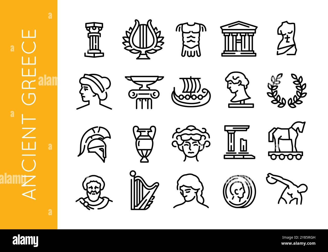 Icone dell'antica Grecia. Set di 20 icone minime dell'antico greco Illustrazione Vettoriale