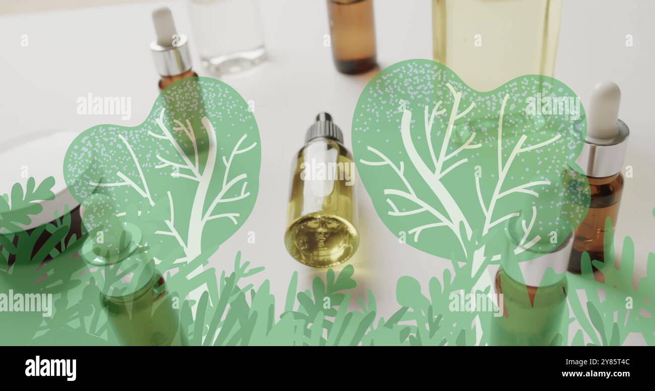 Immagine di piante verdi foglie e alberi su prodotti di bellezza biologici in vasetti e bottiglie Foto Stock