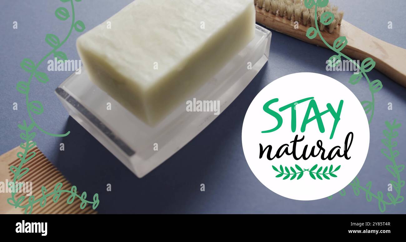 Immagine di testo e foglie di Stay Natural su sapone organico, pettine di legno e spazzola Foto Stock