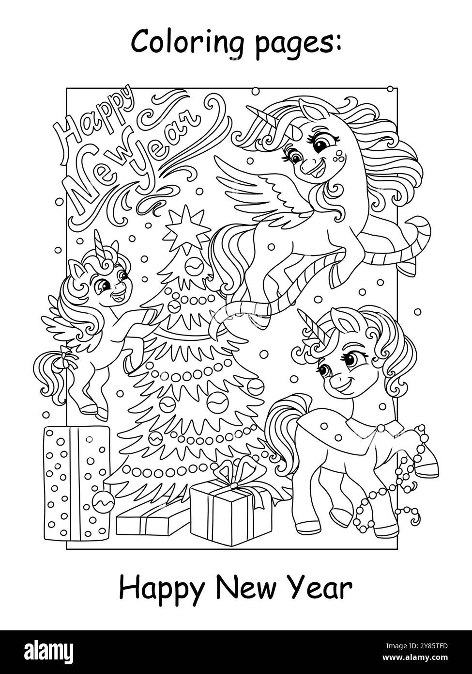 Famiglia di simpatici unicorni vettoriali per il Natale dei bambini Illustrazione Vettoriale