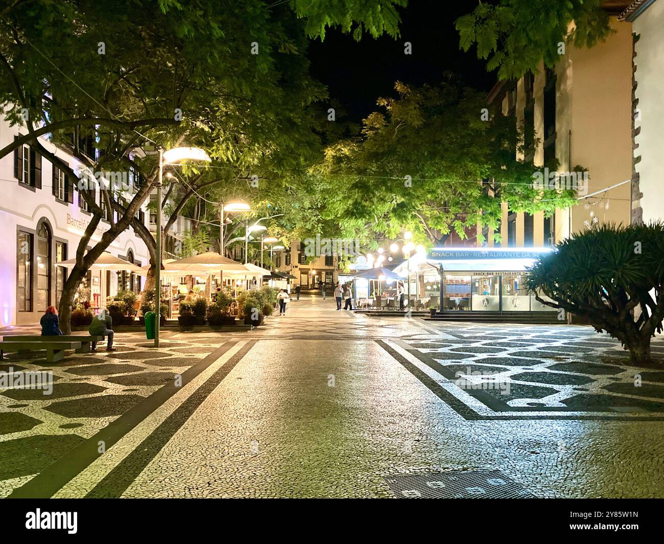 Cena al freso di notte nel centro di Funchal, Madeira. - Immagine stock catturata con smartphone