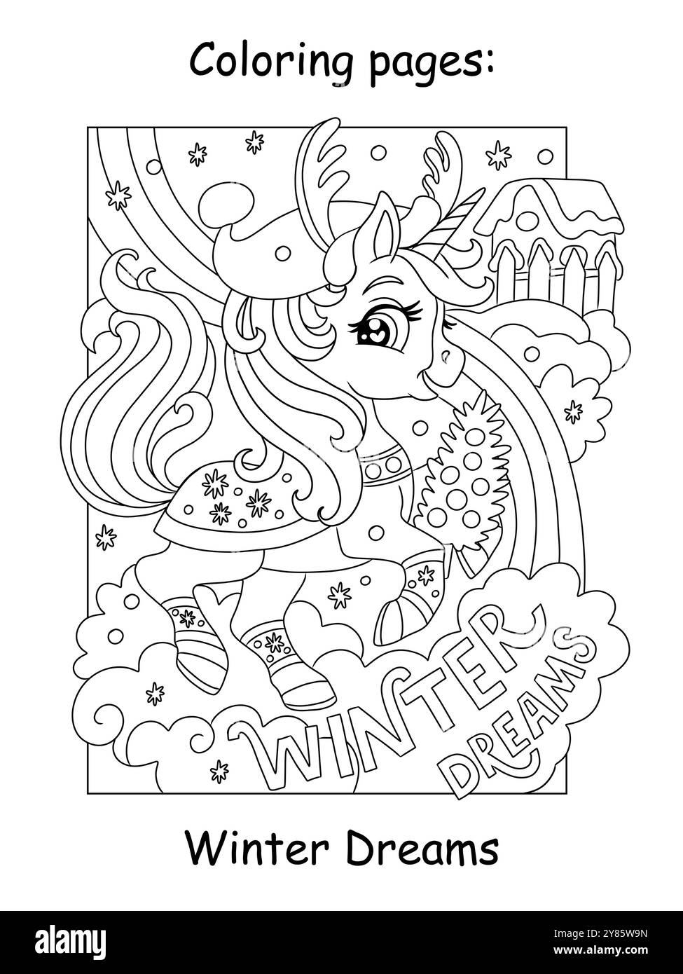 Natale dei bambini colorano un simpatico unicorno con il vettore dell'albero di Natale Illustrazione Vettoriale