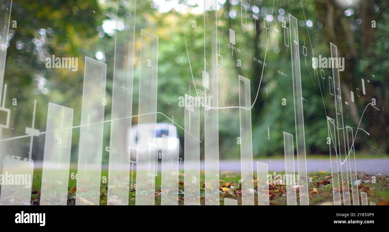 Dati finanziari grafici immagine su un parco all'aperto sfocato con alberi e foglie Foto Stock