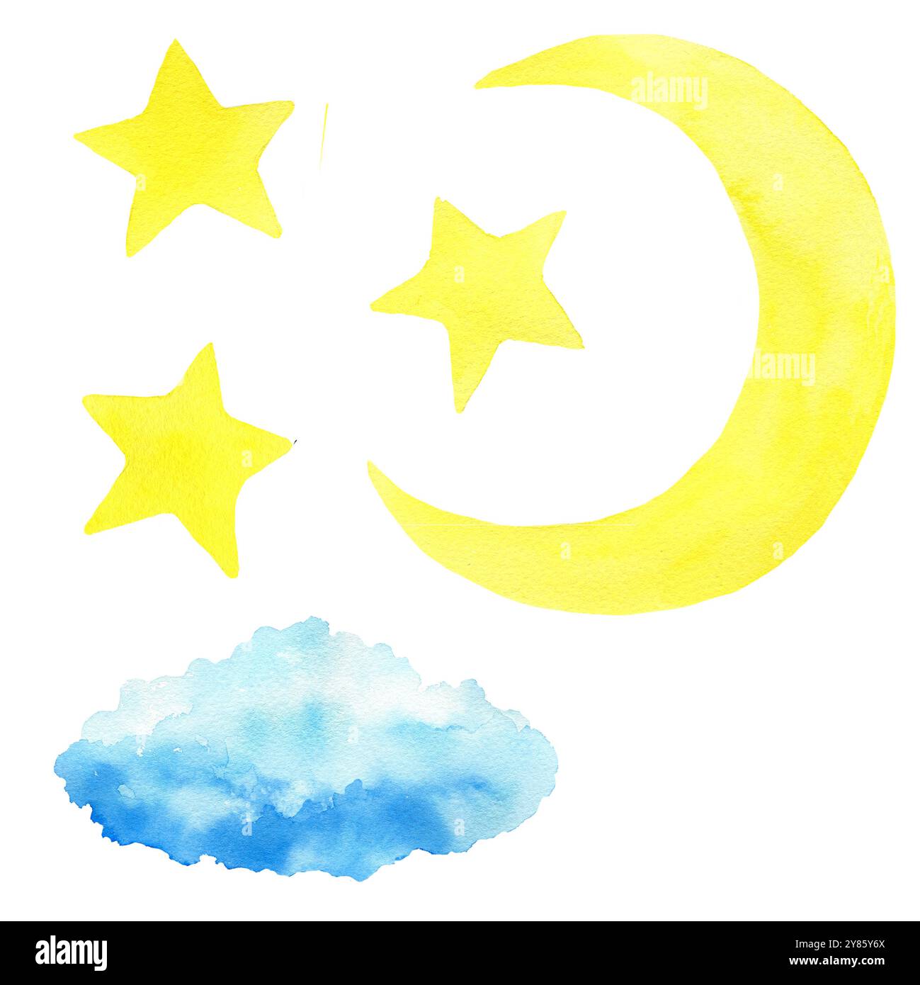 Set di nuvole, stelle, luna. illustrazione acquerello isolata su sfondo bianco. Per il design della doccia per bambini, carte, cartoline, decorazioni, poster per bambini, postcar Foto Stock
