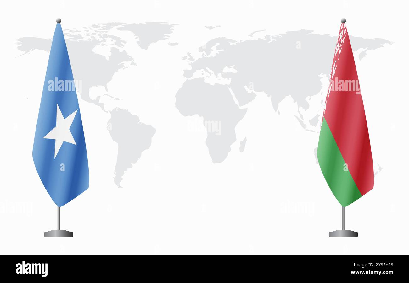 Bandiere della Somalia e della Bielorussia per una riunione ufficiale sullo sfondo della mappa mondiale. Illustrazione Vettoriale