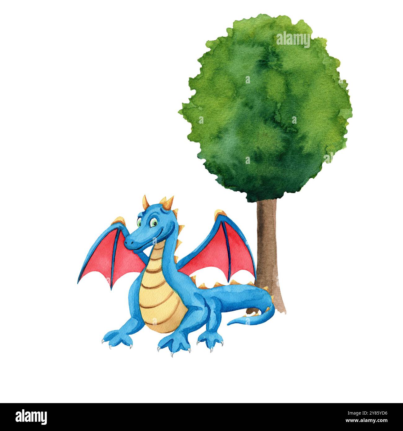 Drago blu con ali rosse vicino all'albero verde. Illustrazione acquerello su sfondo bianco. Per il design della doccia del bambino, per l'arredamento, per i biglietti di auguri di compleanno, p Foto Stock