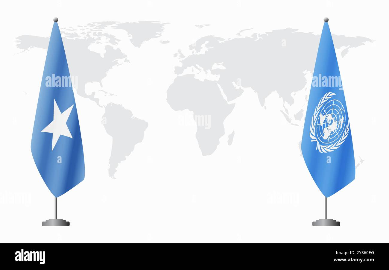 La Somalia e le Nazioni Unite bandiere per l'incontro ufficiale sullo sfondo della mappa mondiale. Illustrazione Vettoriale