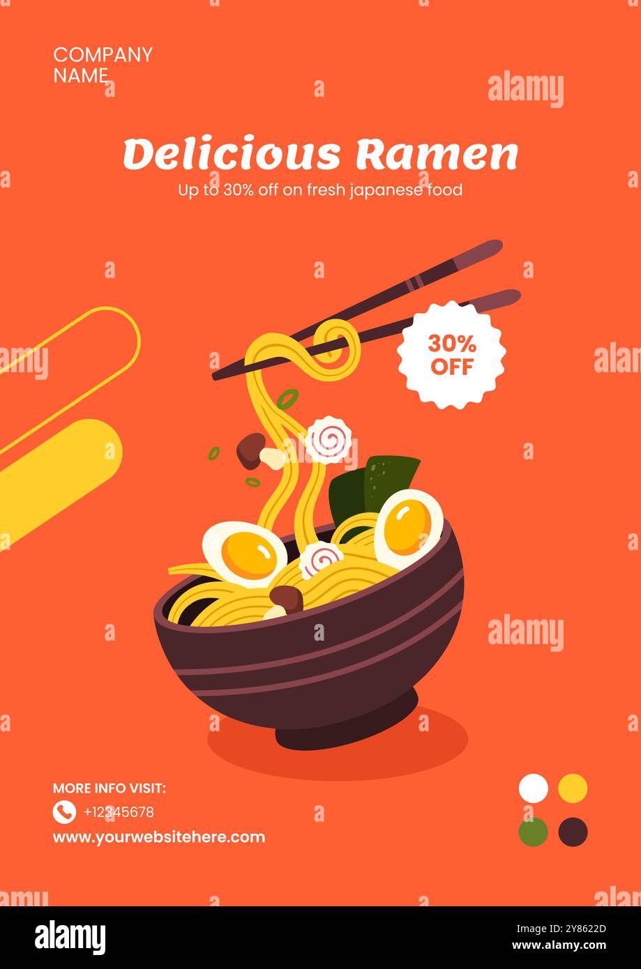 Illustrazione di sfondo del Flyer per alimenti giapponesi Ramen Flat Cartoon Hand Drawn Templates Illustrazione Vettoriale
