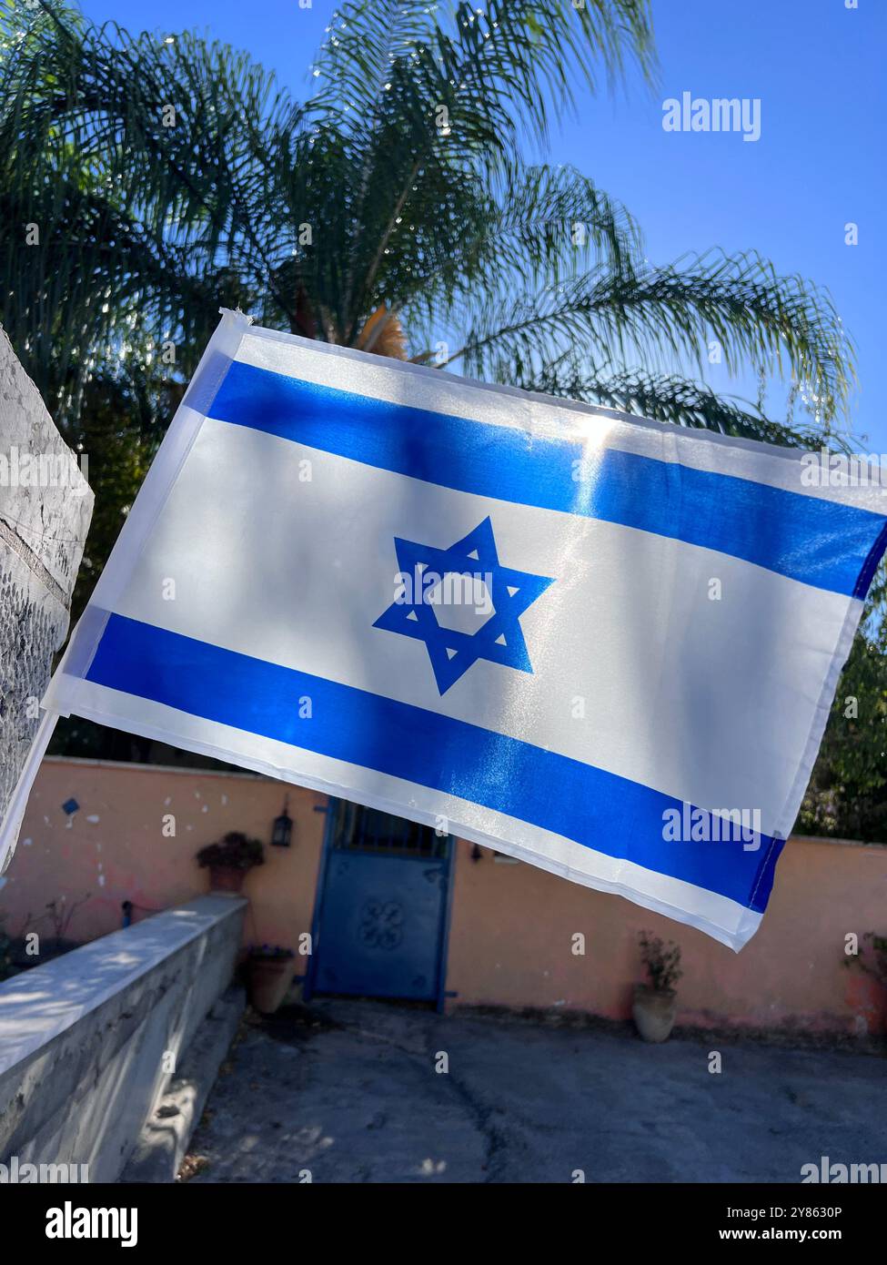 La bandiera israeliana con la Stella di Davide ondeggia su uno sfondo di palme e un cielo azzurro. La luce del sole aggiunge luminosità a questo display patriottico. Foto Stock