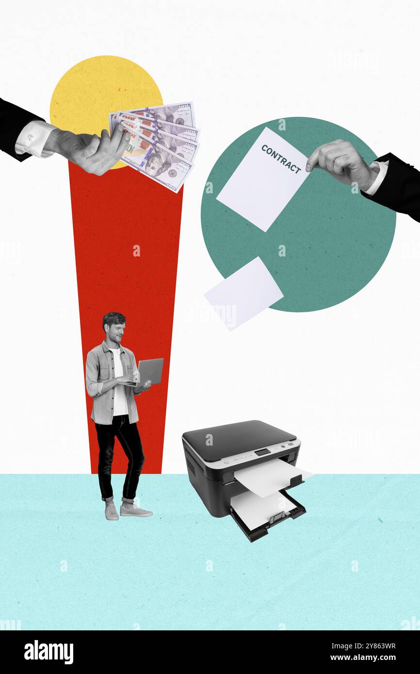 Grafica di tendenza immagine di schizzo collage fotografico di lavoro candidato contratto di vacanza forniture pagina di carta giovane uomo lavoro laptop guadagna soldi Foto Stock