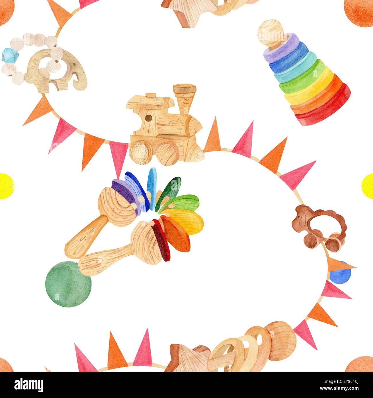 Acquerello senza cuciture con giocattoli in legno: Una piramide, una pecora, un elefante, un sonaglino, un treno a vapore. Sfondo di colore bianco. Utile per lo scrapbookin Foto Stock