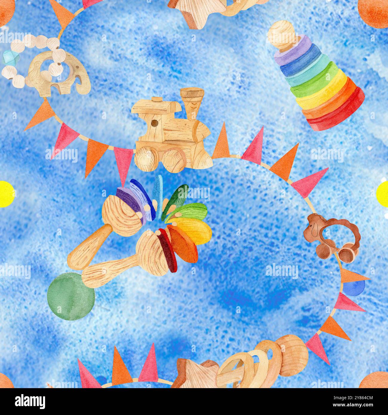 Motivo senza cuciture con giocattoli in legno: Una piramide, una pecora, un elefante, un sonaglino, un treno a vapore su uno sfondo acquerello di colore blu. Perfetto per scra Foto Stock