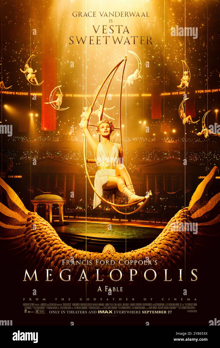 Megalopolis (2024) diretto da Francis Ford Coppola e interpretato da Grace VanderWaall nel ruolo di Vesta Sweetwater. Un architetto visionario si scontra con un sindaco corrotto quando pianifica di ricostruire nuova Roma dopo un devastante disastro. Poster di caratteri USA ***SOLO PER USO EDITORIALE***. Credito: BFA / Lionsgate Foto Stock