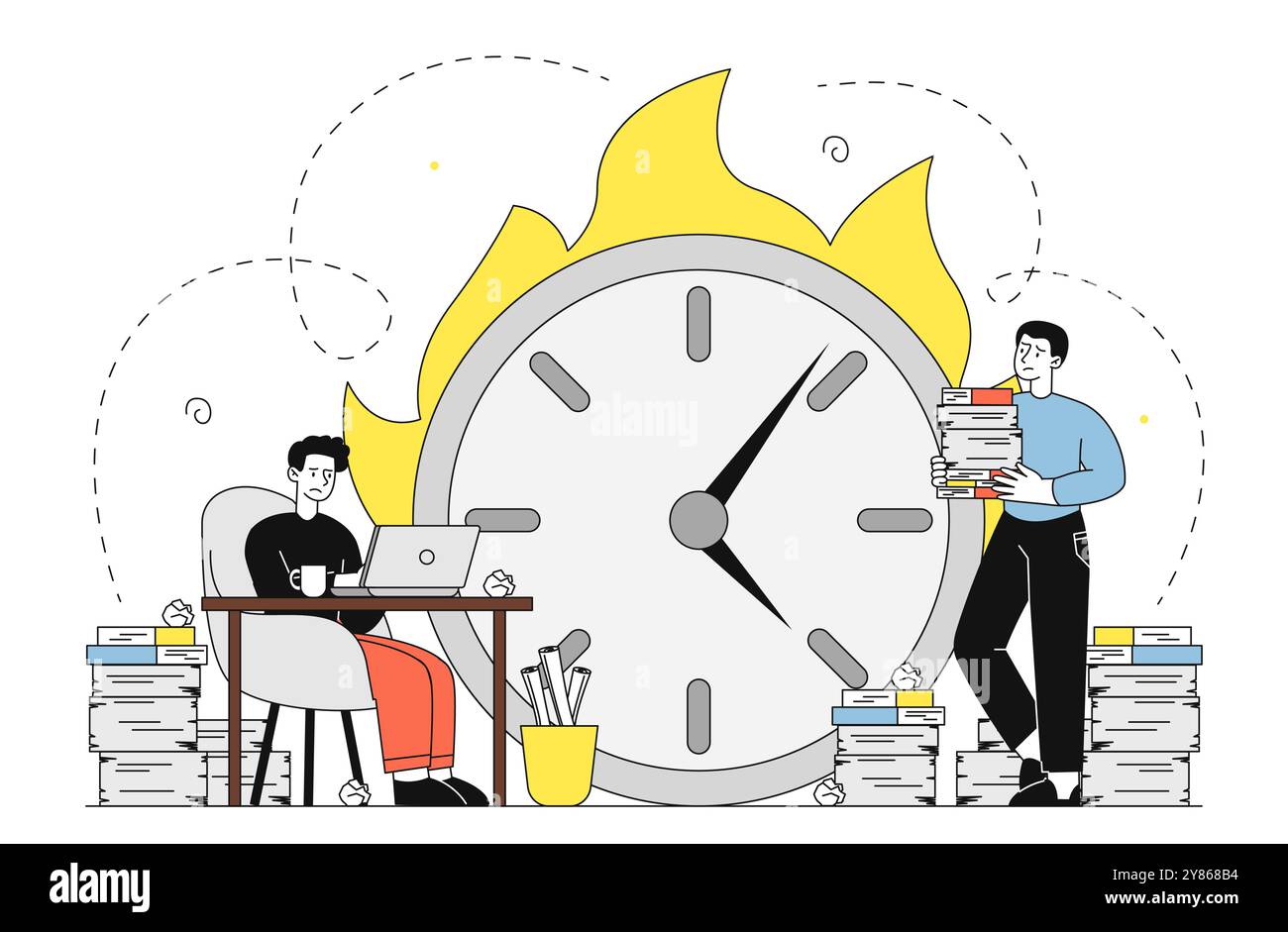 Scadenza in carica. Uomini con pile di carte sullo sfondo di un orologio in fiamme. Scarsa gestione del tempo e organizzazione del lavoro inefficace. Sovraccarica Illustrazione Vettoriale