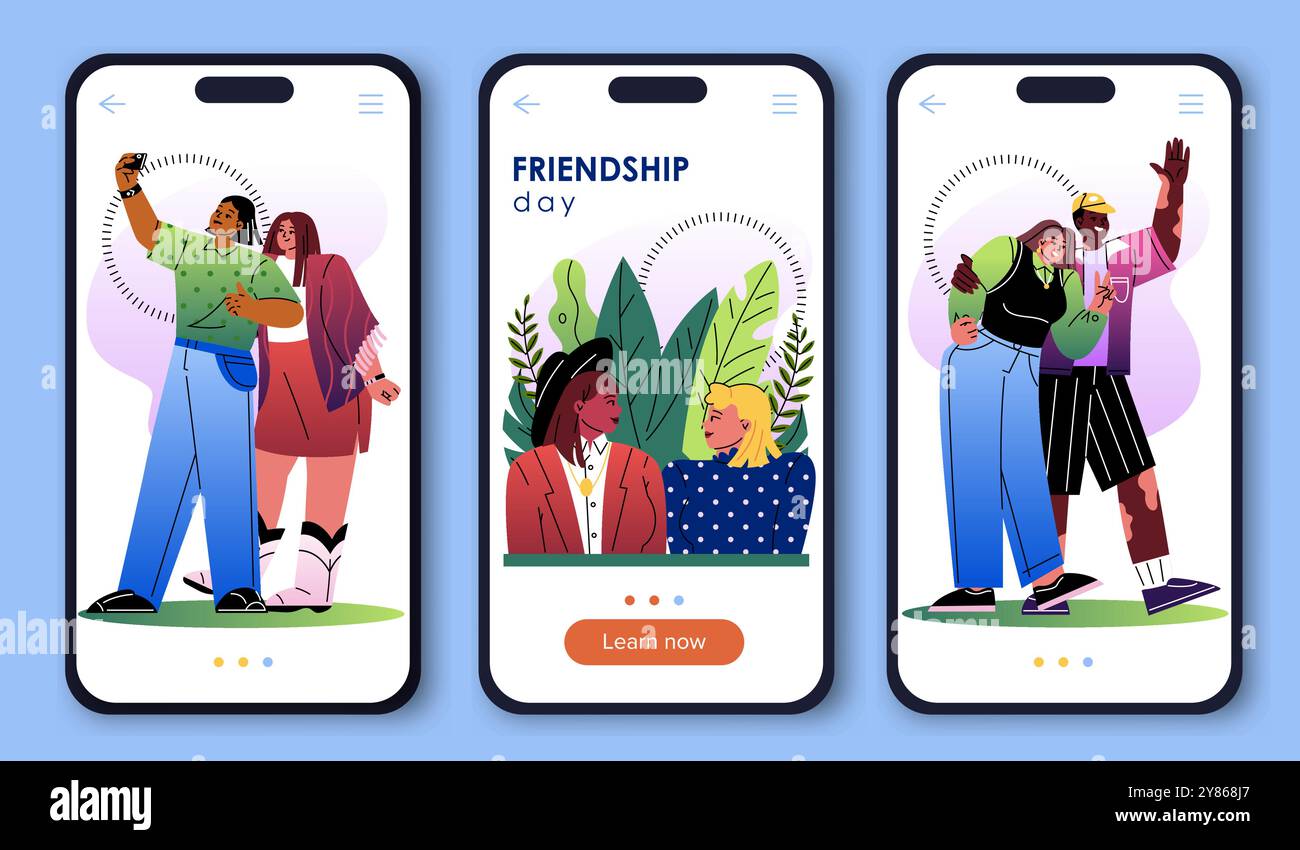 Set di poster del giorno dell'amicizia. Ragazzi sullo schermo dello smartphone. Festività e festival internazionali 30 luglio. Buon rapporto. Unità e solidarietà. Piatto Illustrazione Vettoriale