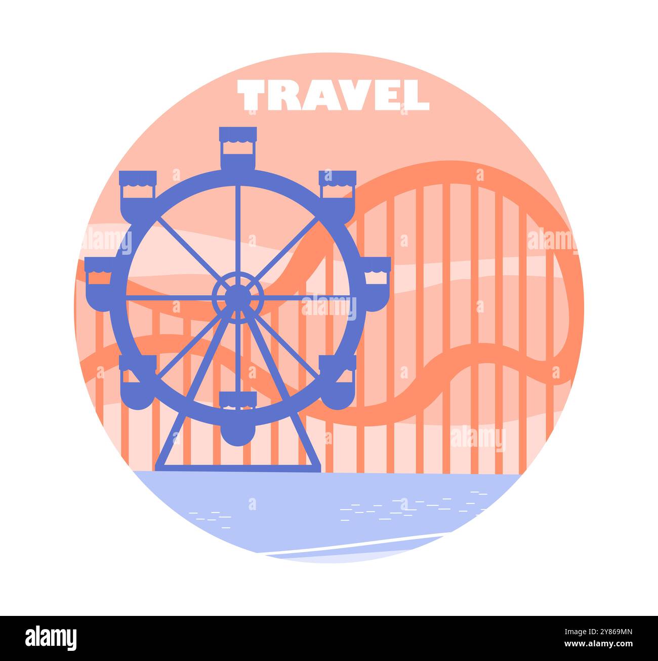 Concetto di adesivo da viaggio. Sagoma della ruota panoramica. Parco divertimenti urbano. Viaggi e turismo. Vacanze e vacanze. Elemento grafico per il sito Web. Piatto Illustrazione Vettoriale