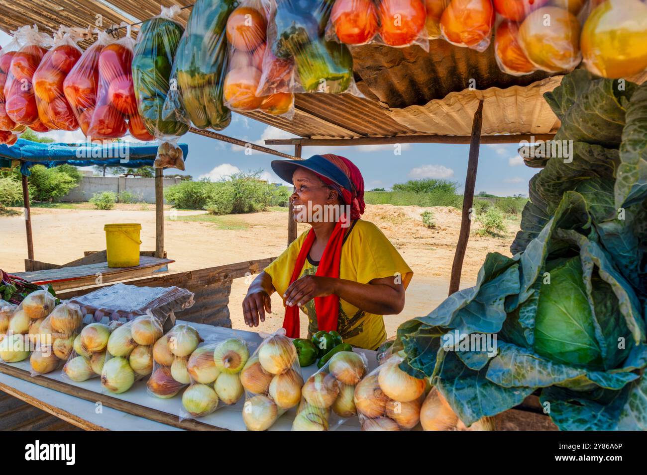 donna africana venditrice di verdura, lavoratrice autonoma che lavora al suo chiosco di strada che vende prodotti freschi Foto Stock