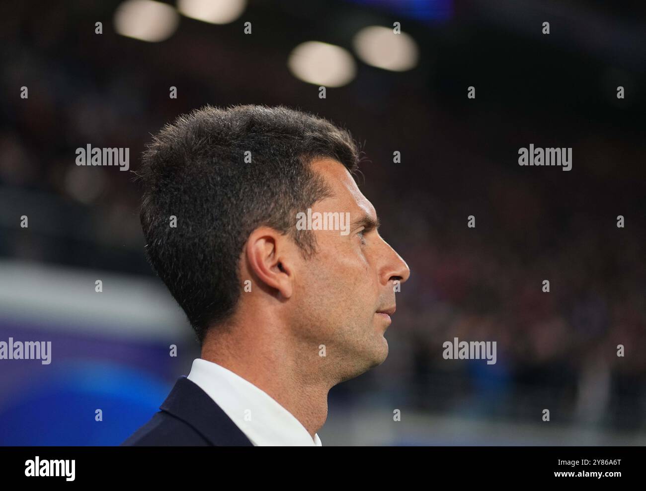 Red Bull Arena, Lipsia, Germania. 2 ottobre 2024. Thiago Motta della Juventus durante una partita della fase a gironi della Champions League del giorno 2, RB Leipzig vs Juventus, alla Red Bull Arena di Lipsia, Germania. Ulrik Pedersen/CSM/Alamy Live News Foto Stock