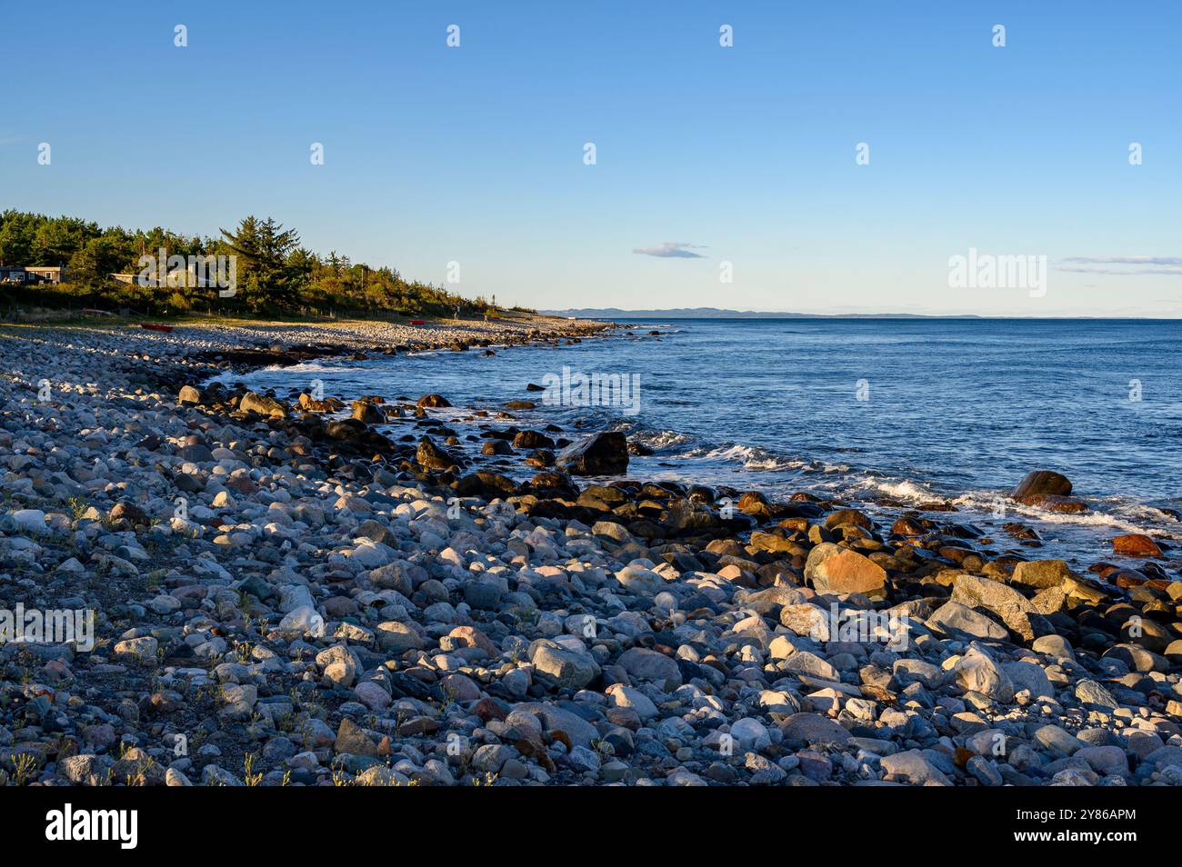 Vista serale sotto il sole a nord lungo la spiaggia rocciosa con un mare calmo e cabine per vacanze sull'isola di Jomfruland. Telemark, Norvegia. Foto Stock