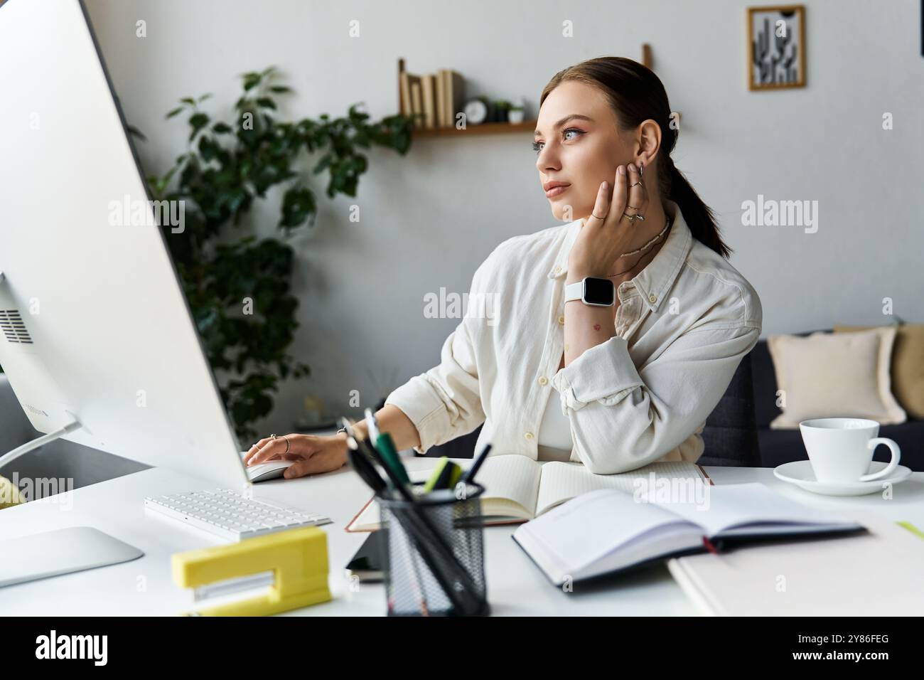 Una giovane donna siede nel suo spazio di lavoro domestico, impegnata in un lavoro attento, circondata da un'atmosfera rilassata. Foto Stock