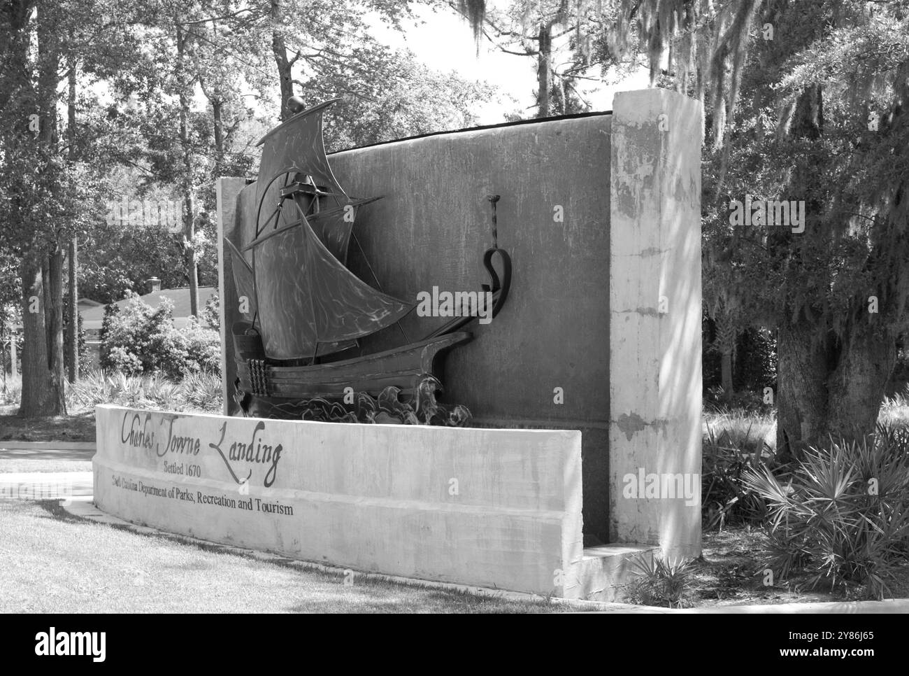 Cartello d'ingresso al Charles Towne Landing State Historic Site di Charleston, South Carolina, Stati Uniti. Foto Stock
