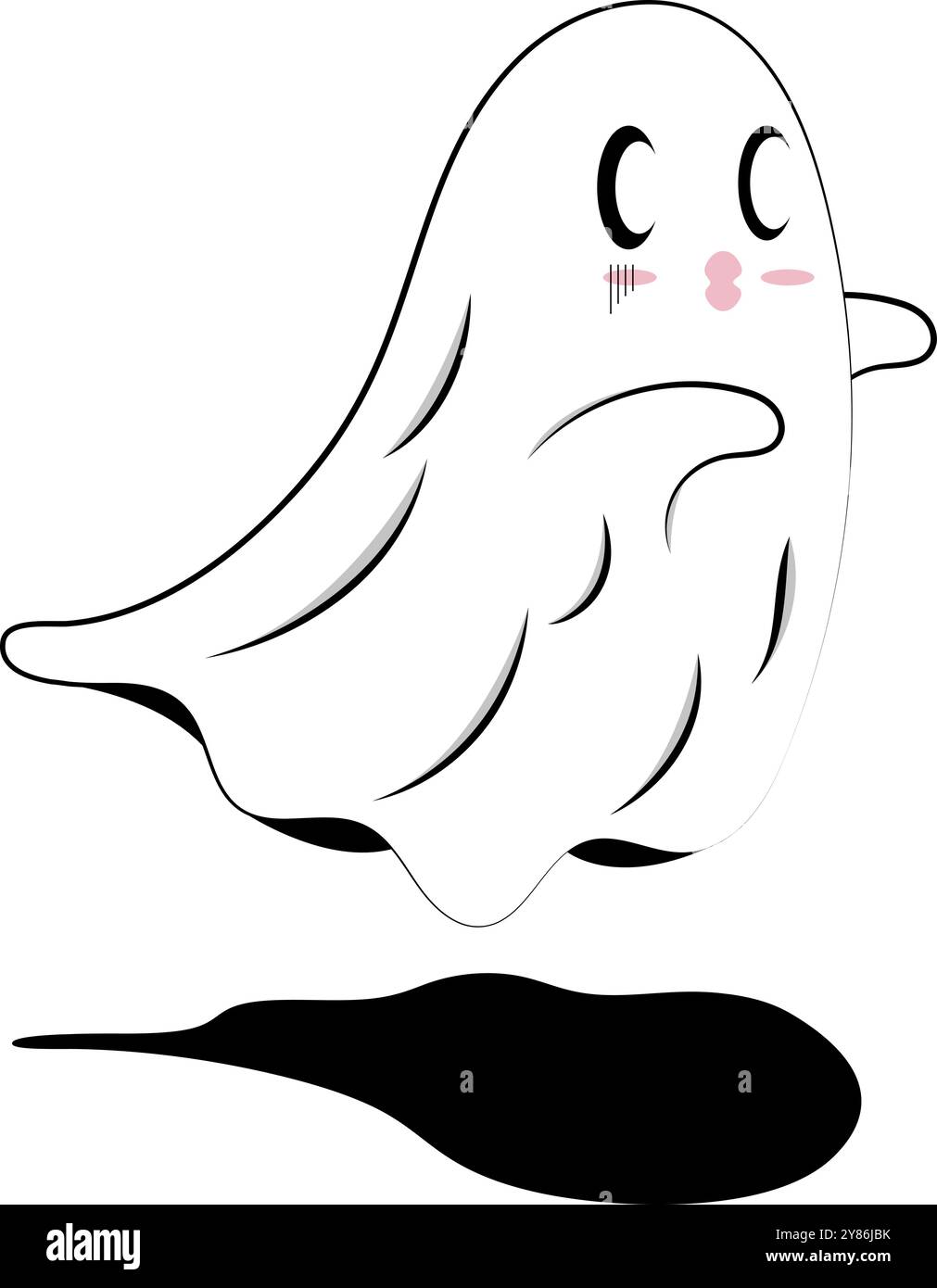 Fantasma bianco con guance rosa che fluttuano sopra l'ombra nera. Spaventoso design di Halloween, illustrazioni spettrali, decorazioni per case infestate, progetti a tema. Illustrazione Vettoriale