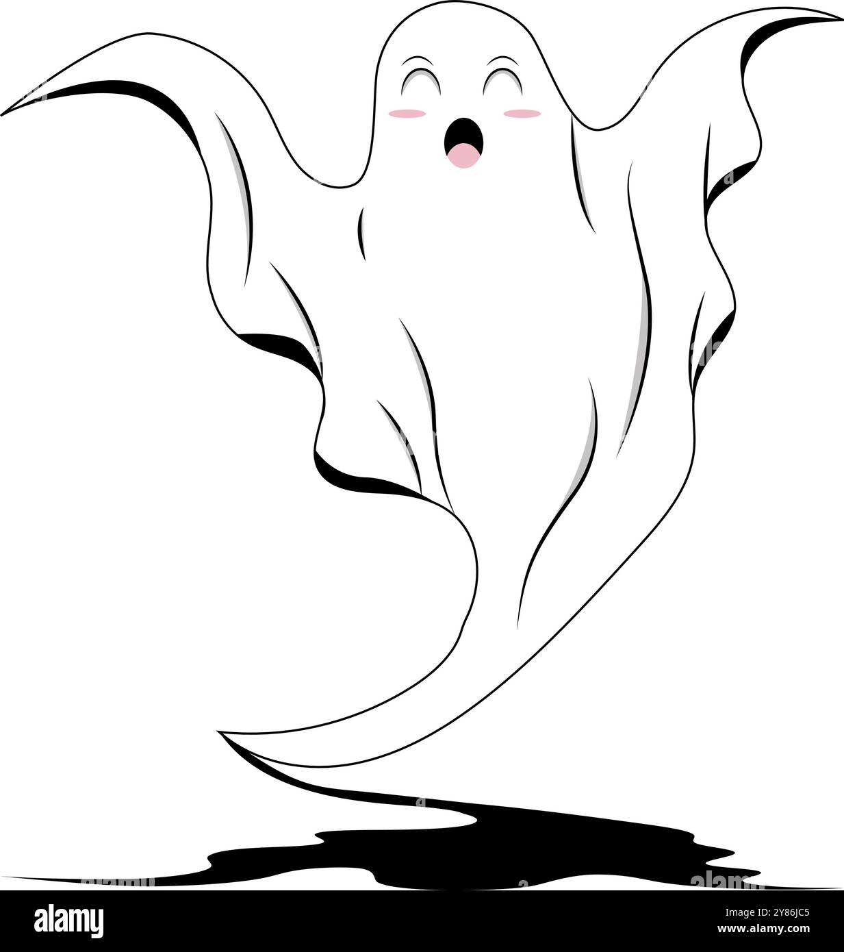 Fantasma bianco con bocca aperta e guance blushing. Spaventoso personaggio di Halloween, simpatico design fantasma, divertimento e decorazioni natalizie. Illustrazione Vettoriale