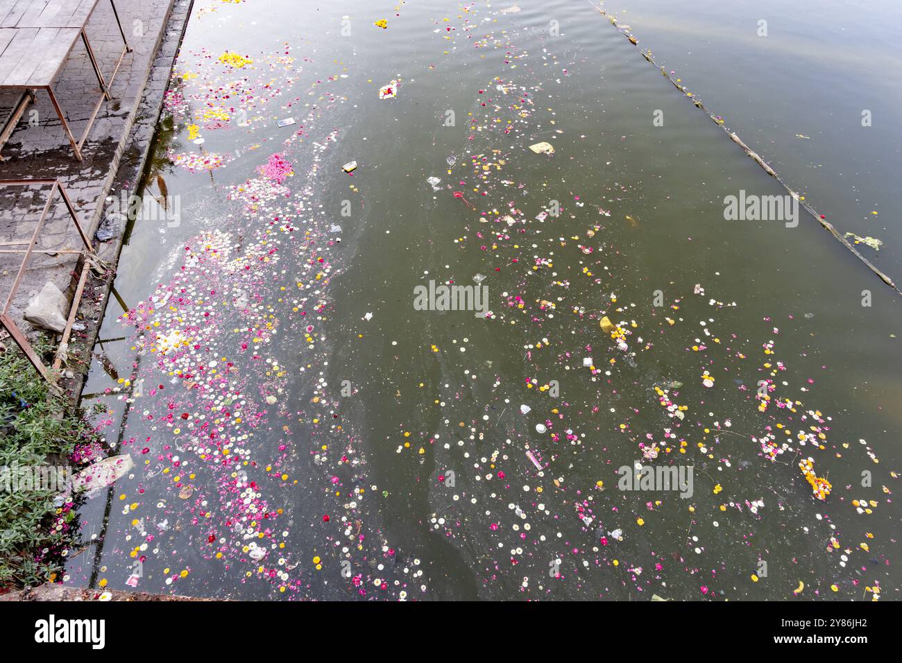 riva sacra religiosa del fiume con fiori al mattino Foto Stock