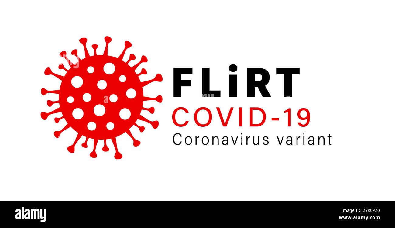 Flirt Covid-19, logo tipografico variante coronavirus. Nuova variante COVID - flirt, segno infografico con cellula virale e testo. Immagine con icona piatta vettoriale Illustrazione Vettoriale