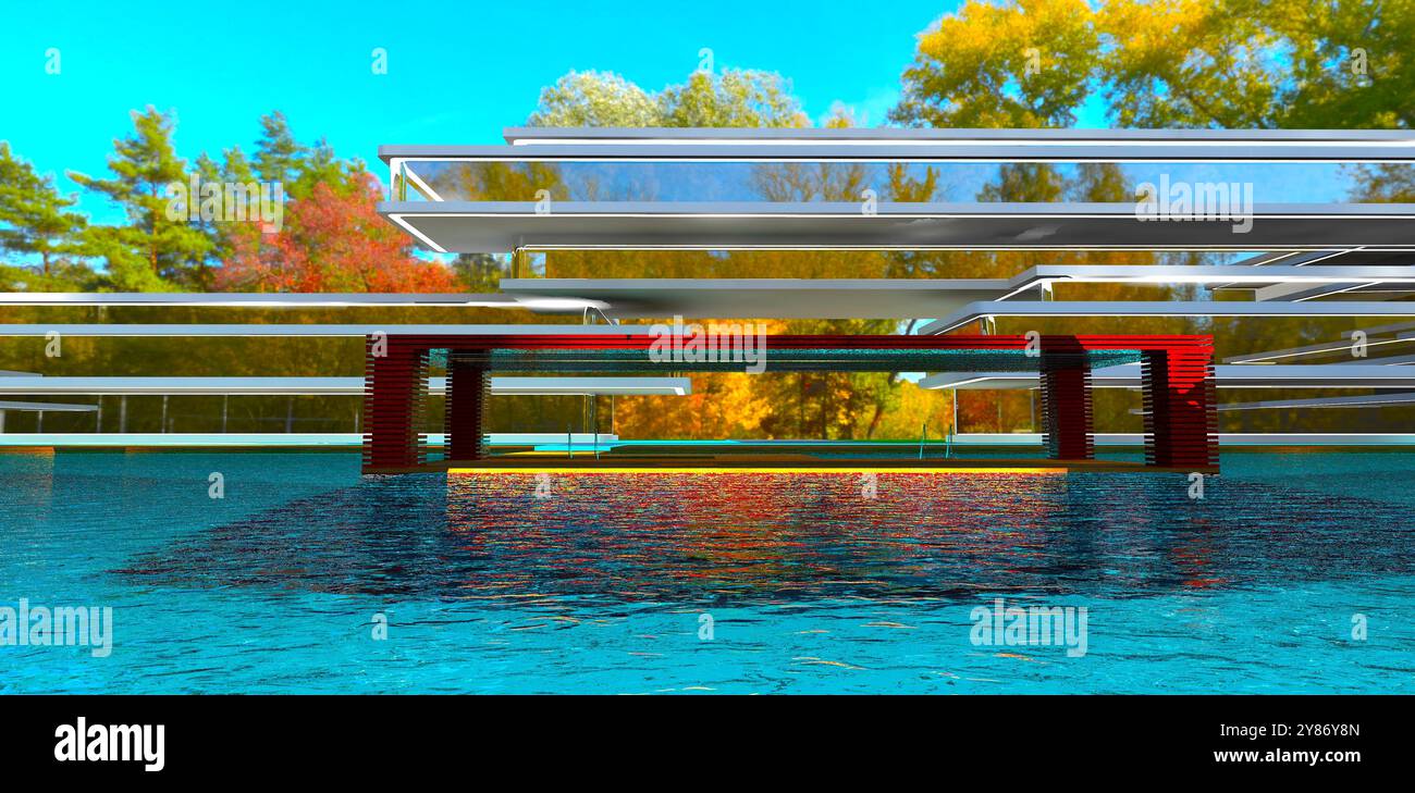 Una soleggiata foresta autunnale è visibile attraverso l'arco di un moderno complesso di cottage di campagna, caratterizzato da una piscina e un gazebo in legno sull'acqua. 3D rende Foto Stock