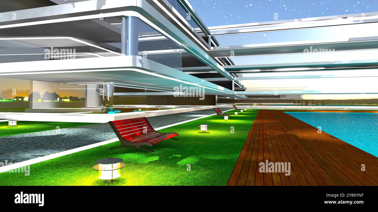 Panchine sull'erba illuminate da lampioni, di fronte alla piscina nel cortile di un lussuoso hotel moderno di sera. Rendering 3D. Foto Stock