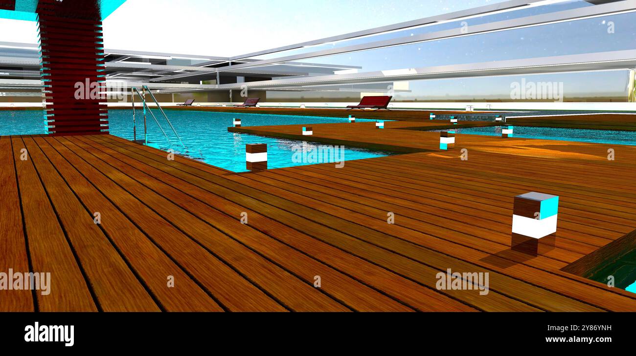 Pavimento del Boardwalk del molo in un moderno complesso residenziale illuminato da luci notturne. Rendering 3D. Foto Stock