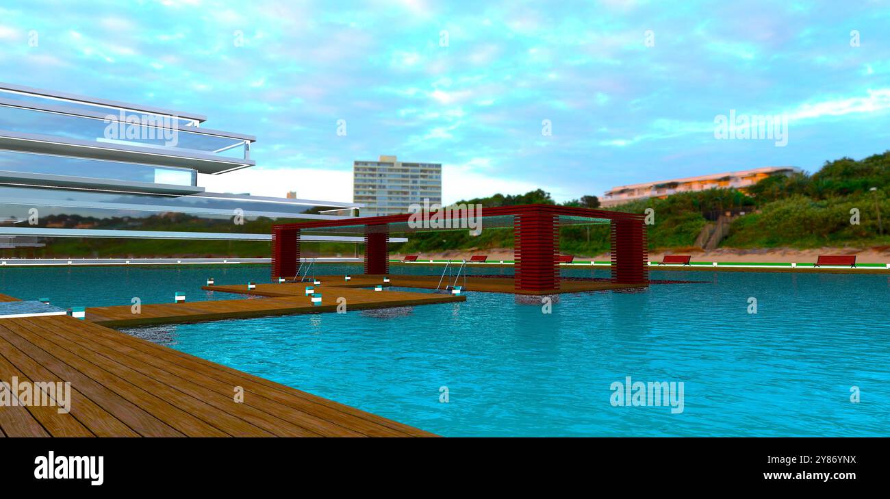 Intimo patio in legno nell'acqua sui terreni di un hotel di campagna situato su di un fronte oceano sabbioso. Rendering 3D. Foto Stock