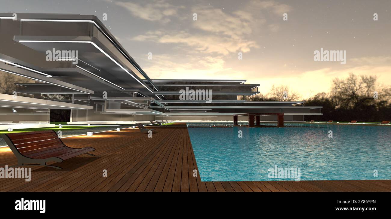 Design degli interni di un elegante complesso residenziale suburbano. Panchine lungo la piscina illuminate da luci notturne. Rendering 3D. Foto Stock