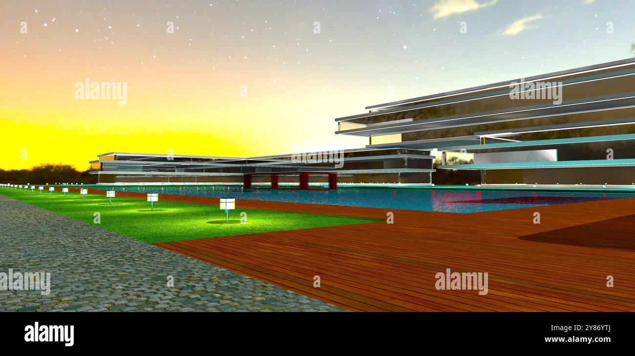 Luci stradali basse sull'erba nel cortile di un accogliente villaggio vicino alla piscina di notte. Rendering 3D. Foto Stock