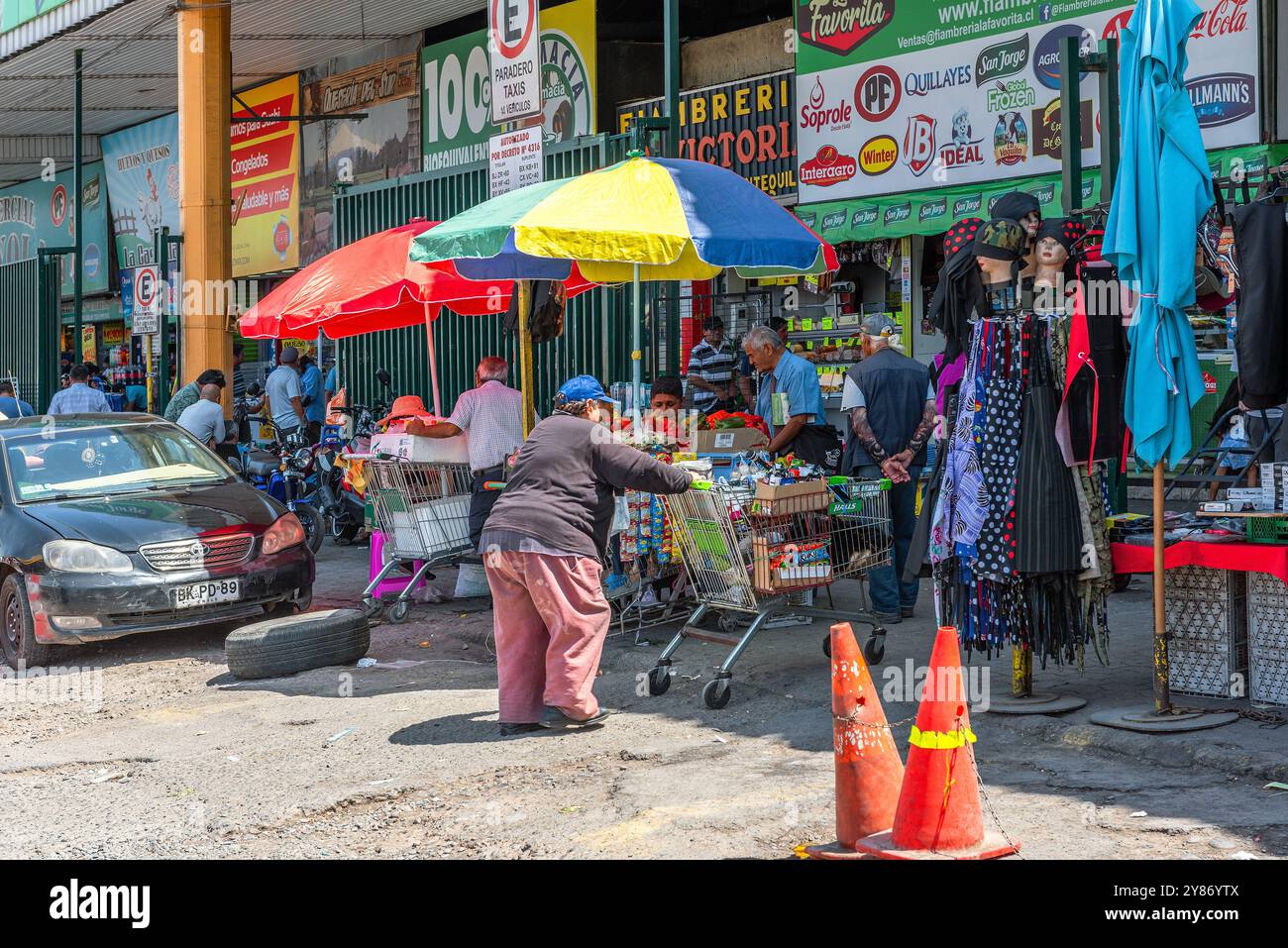 Mercato di strada nel quartiere centrale Vega di Santiago, Cile Foto Stock