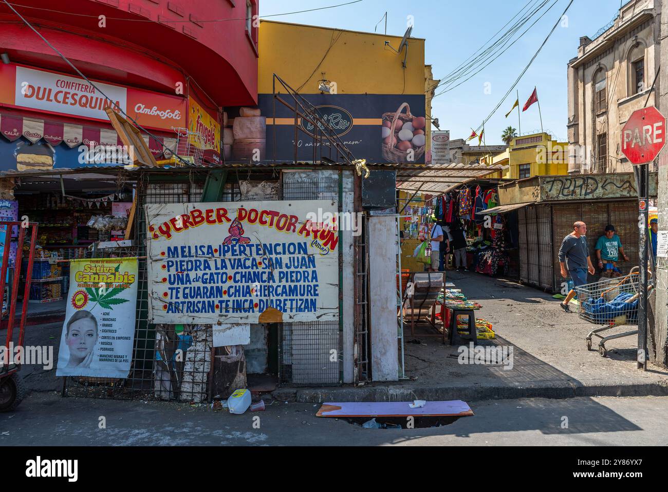 Mercato di strada nel quartiere centrale Vega di Santiago, Cile Foto Stock