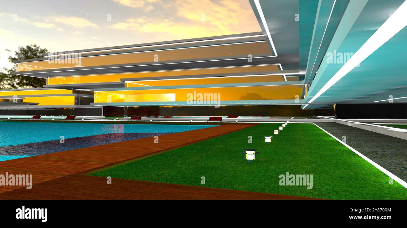 Pavimentazione in legno che circonda un prato con bassi lampioni che illuminano i giardini ben tenuti di una prestigiosa comunità di cottage al tramonto. Rendering 3D. Foto Stock