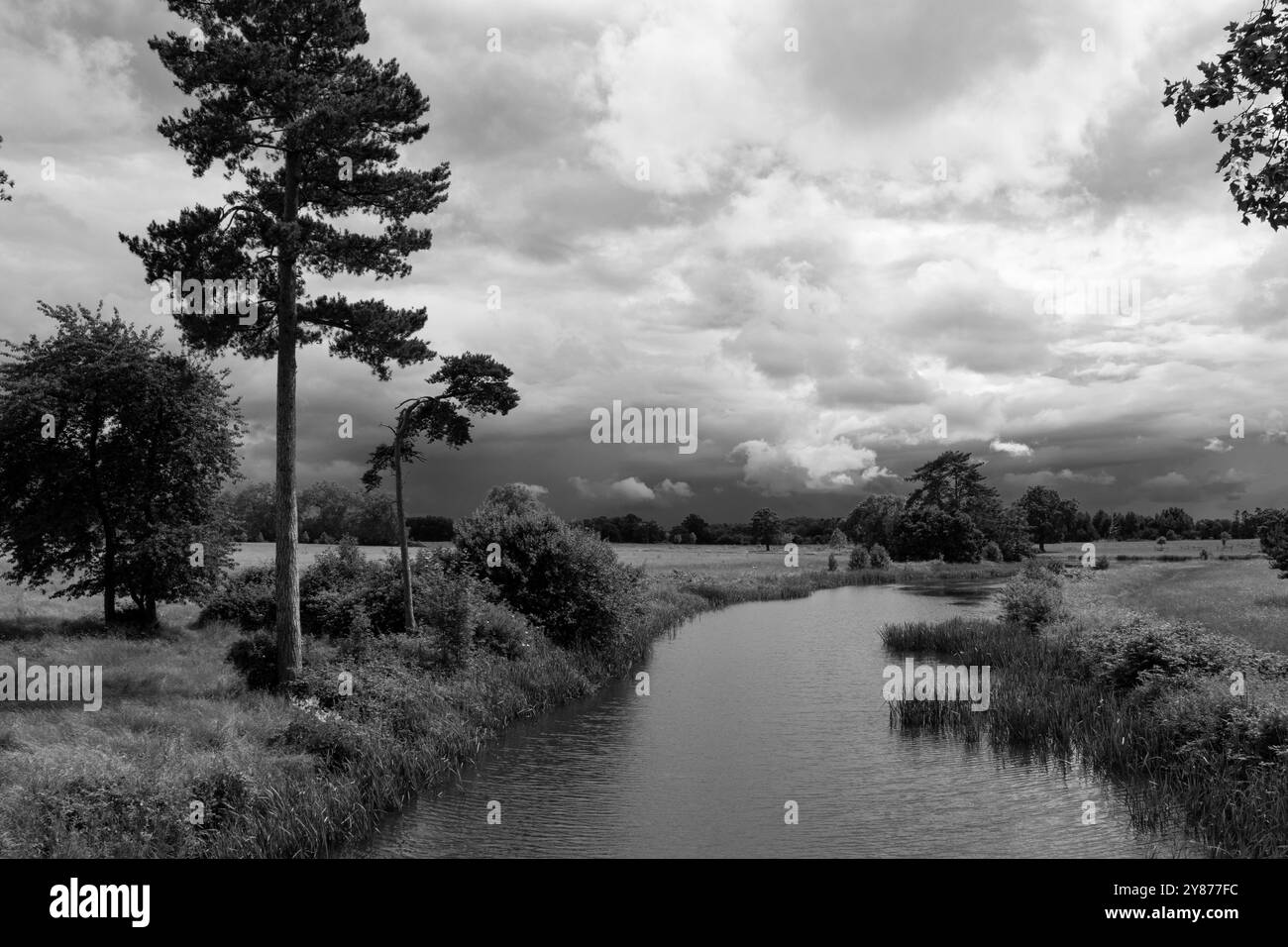 Un fiume che si snoda attraverso la campagna in bianco e nero con alberi e campi. Foto Stock